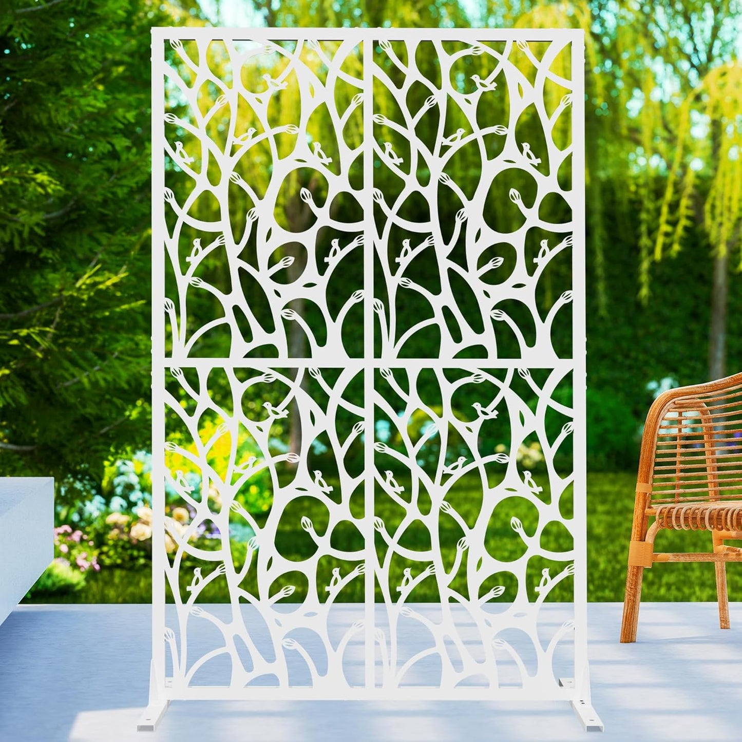 Metal Privacy Screen W3.8Ft x H 6Ft Outdoor Patio Privacy Panels Free Standing Divider Decorative for Balcony Garden Room Lawn Deck (1, White Bird)
