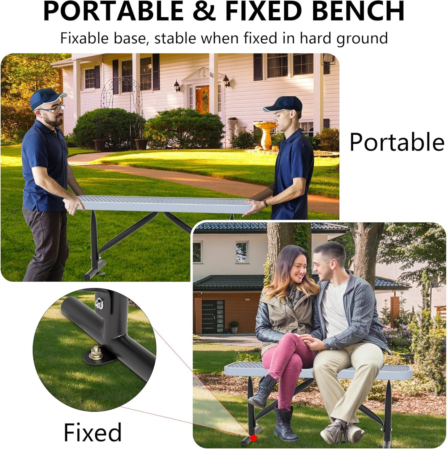 4 Feet Heavy Duty Metal Park Bench for Outside, Outdoor Bench with Portable Frame, Commercial Benches for Shopping Mall, Store, Park, Patio, Deck, Grey