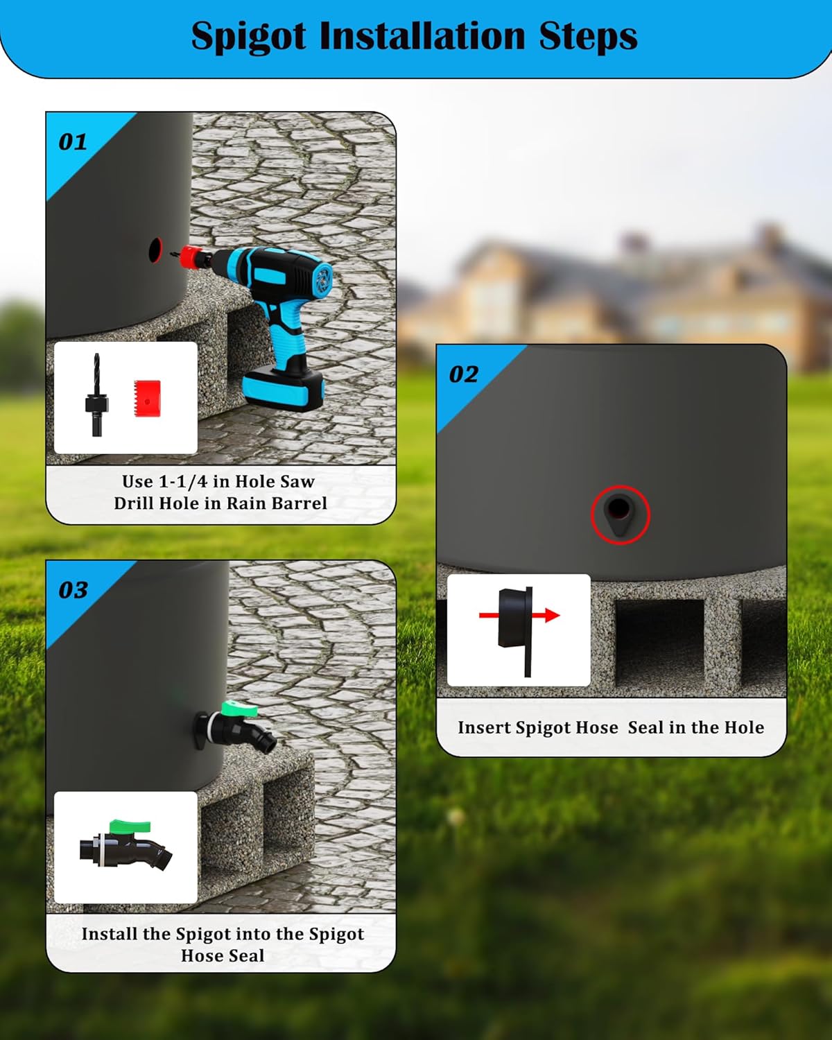 Rain Barrel Diverter Kit, Rain Barrel Downspout Spigot Diverter Kit for Rectangular Downspouts, Include Spigot and Diverter kit, Easily Turn Containers into Rain Barrels (with Hole Saw Set)