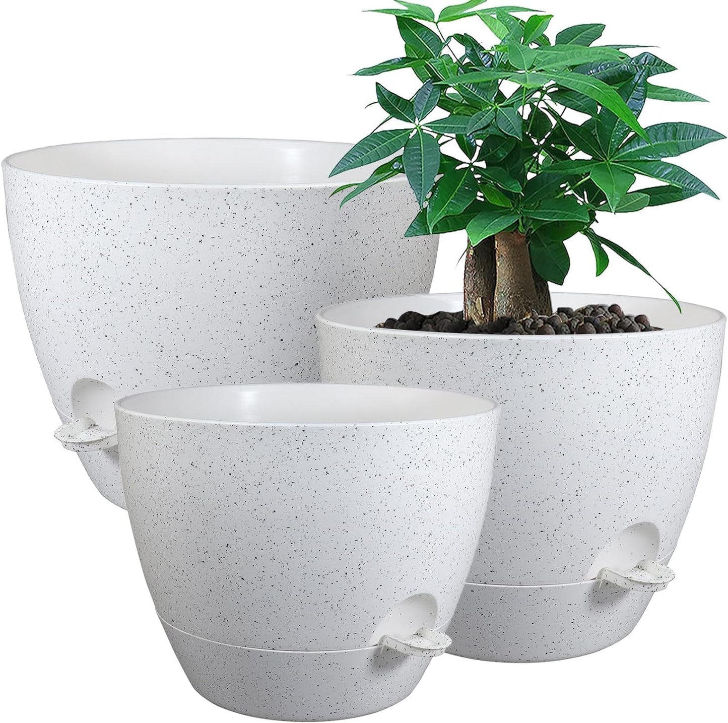 Large Self Watering Pots, 12/10/9 Plastic Planters with High Drainage Holes and Deep Reservoir for Indoor Outdoor Garden Plants and Flowers, White Speckles
