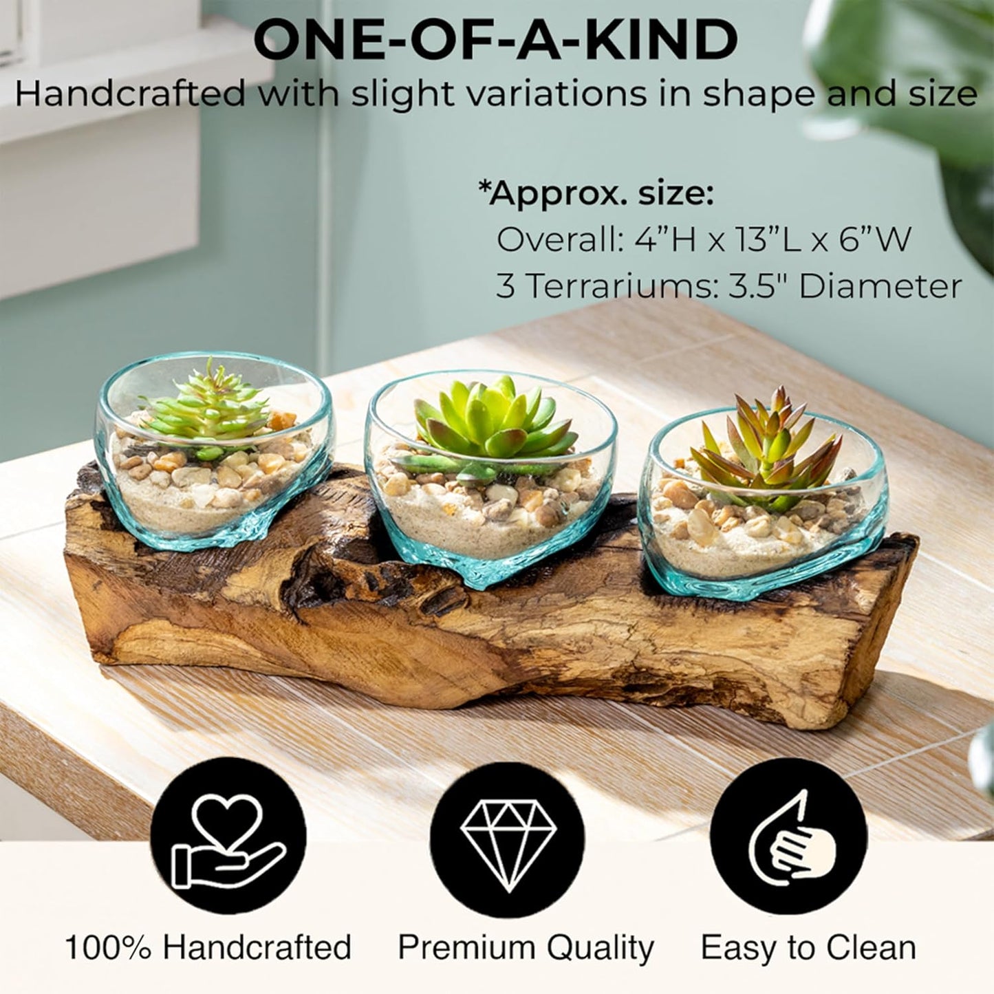 Cape Craftsmen Set of 3 Terrariums | Hand-Blown Blue Tinted Bubble Glasses On Natural Teak Driftwood Terrarium | Home Décor Indoor Planter with Stand | Glass Clear Pots for Succulent and Plants
