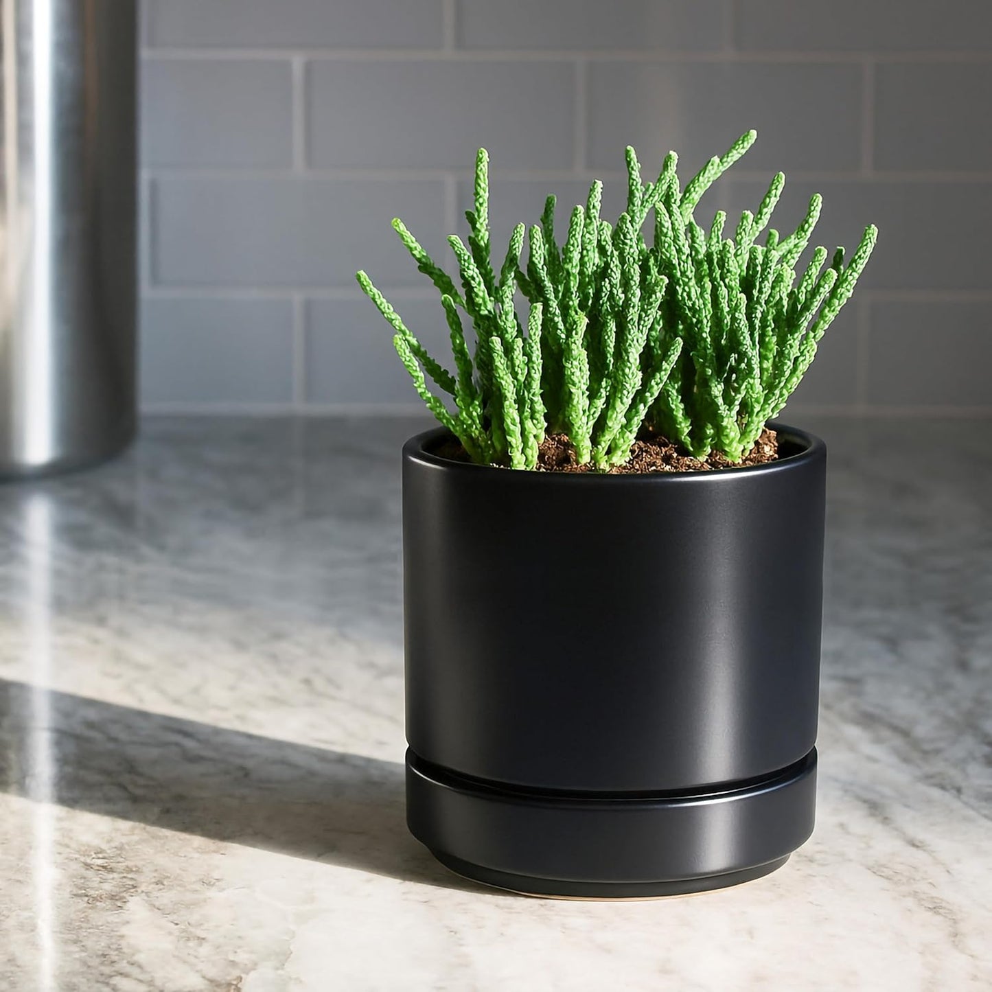 D'vine Dev 4.7 Inch Ceramic Planter Pot with Drainage Hole and Saucer, Indoor Cylinder Round Planter Pot, Black, 94-O-B-2