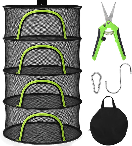 Herb Drying Rack Hanging Mesh 4 Layer 18" with Zipper, Garden Pruning Shear, Hook & Carabiner Clip for Drying Herbs, Plants, Seeds, Buds | Hydroponics & Grow Tents Herb Dryer Hanging Rack