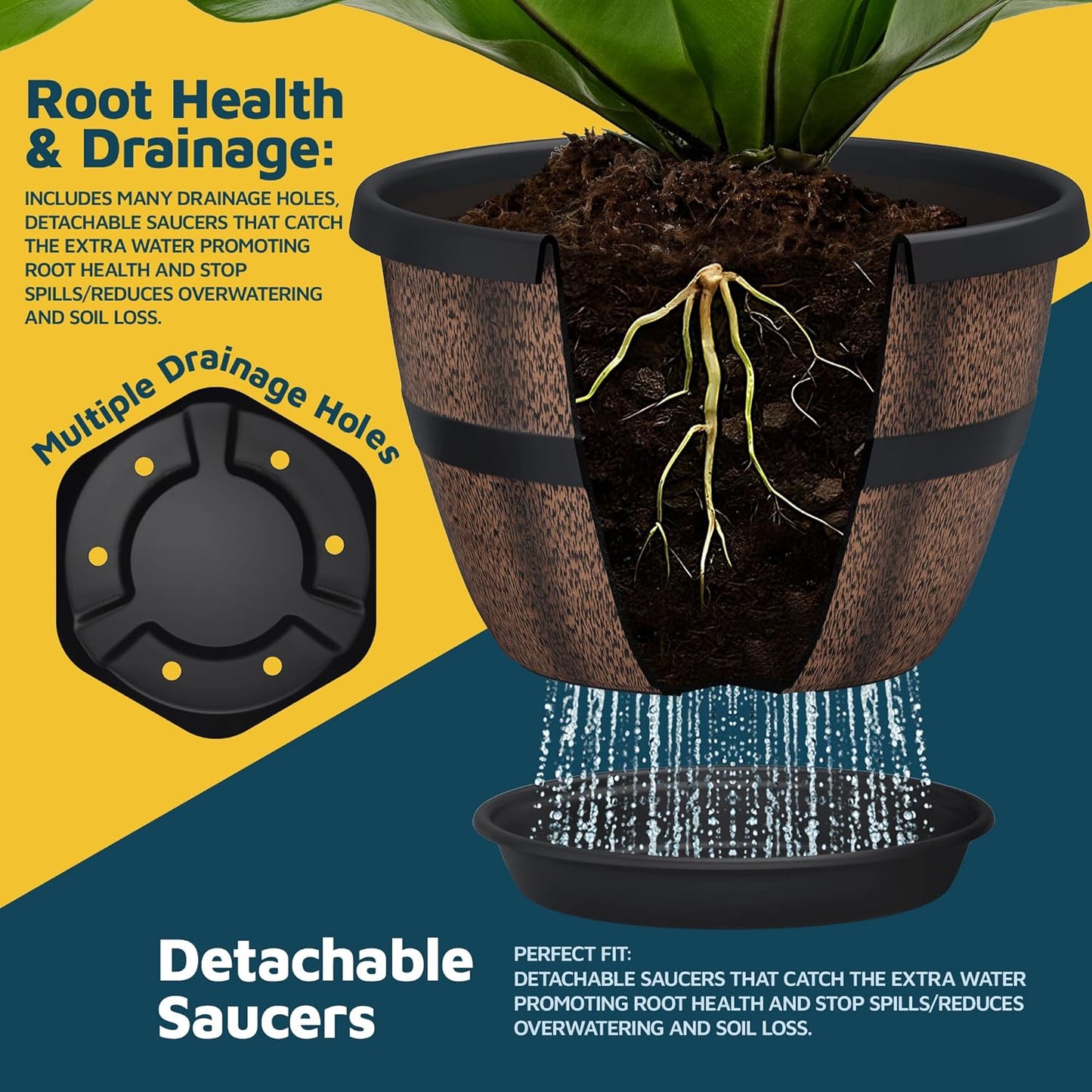 10-Inch Whiskey Barrel Planters Outdoor Pack of 2 - Durable Plastic Plant Pots for Indoor & Outdoor Use with Drainage & Saucer, Lightweight Rustic Barrel Planters for Flowers, Herbs & Small Plants