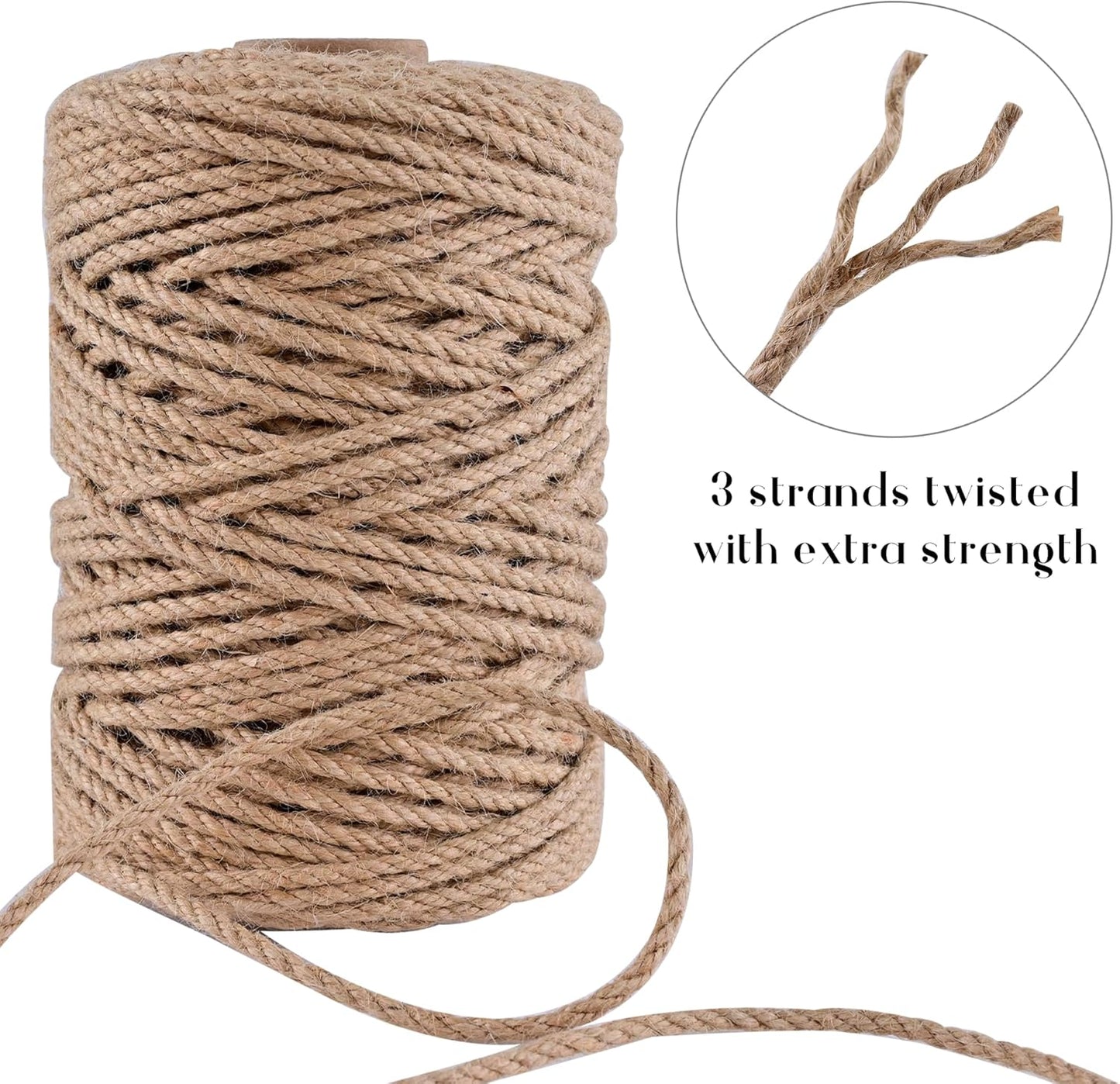 Natural Jute Twine 656ft 4mm,3Ply Twisted Thick Twine Rope Strong Jute String Roll for Crafts Gift Wrapping Gardening Home Decor Bundling Cat Scratching Post
