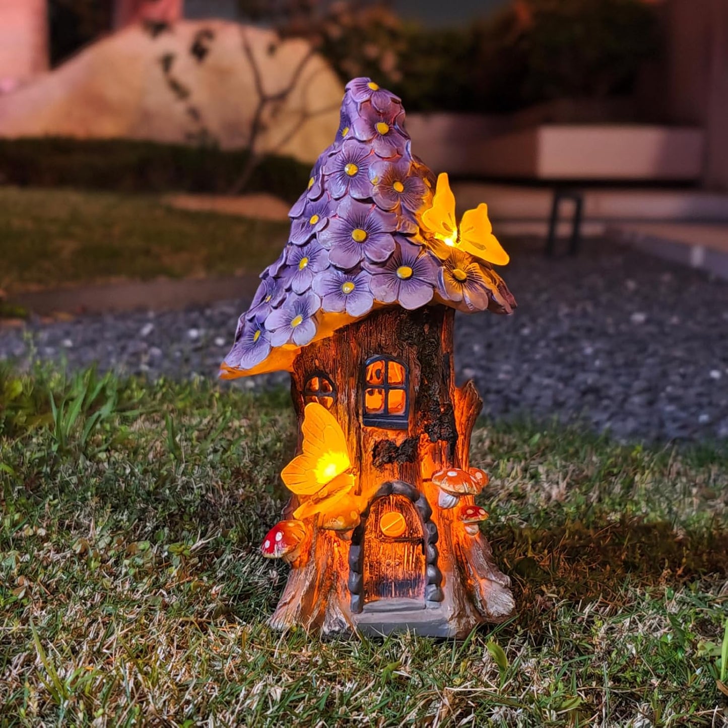 COWOS Mushroom House Statue, Garden Decor Outdoor Solar Statues, Solar Garden Statue Lights, Mushroom Fairy House Figurine, Memorial, Adorable Mushroom and Flowers, Garden Decor