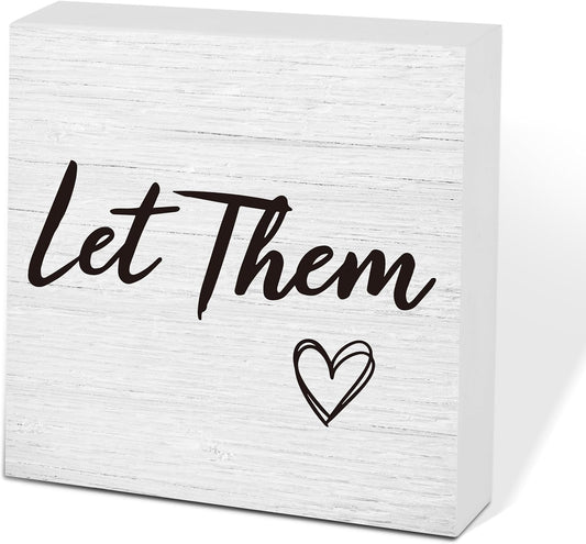 Let Them Wooden Sign, Office Decorations for Work, Let Them Mental Health Rustic Wood Box Signs 5x5 Inch, Desk Shelf Tabletop Decor for Home Cubicle Decor, Office Gifts for Coworkers Women