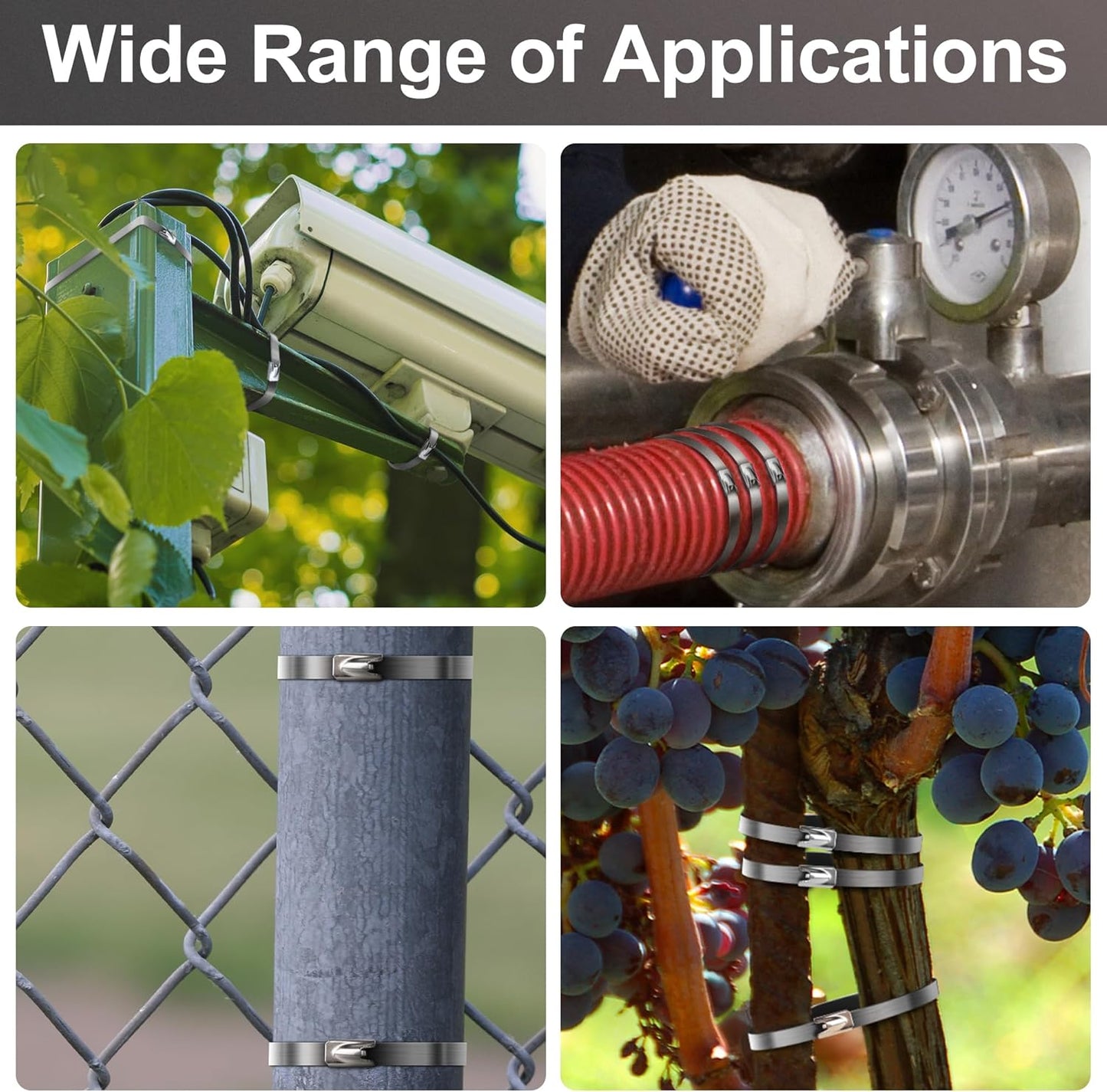 Foneso Metal Zip Ties (7.9 Inch 500PCS), 304 Stainless Steel Short Zip Ties Multi-Purpose Heavy Duty Self-Locking Cable Ties for machinery, fence, vehicles, farms, cables, pipesas well