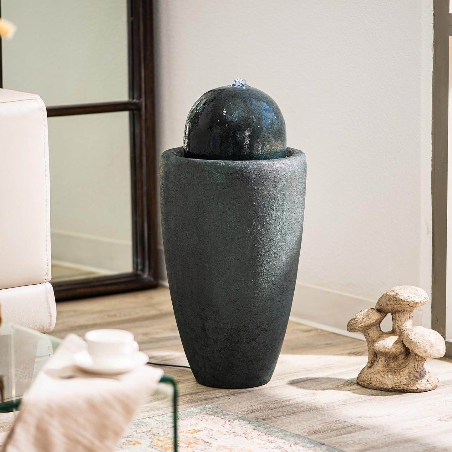 XBrand 25.98" H Round Stone Indoor/Outdoor Modern Stone Textured Sphere Water Fountain w/LED Lights, Ball Fountain Decor, Dark Green