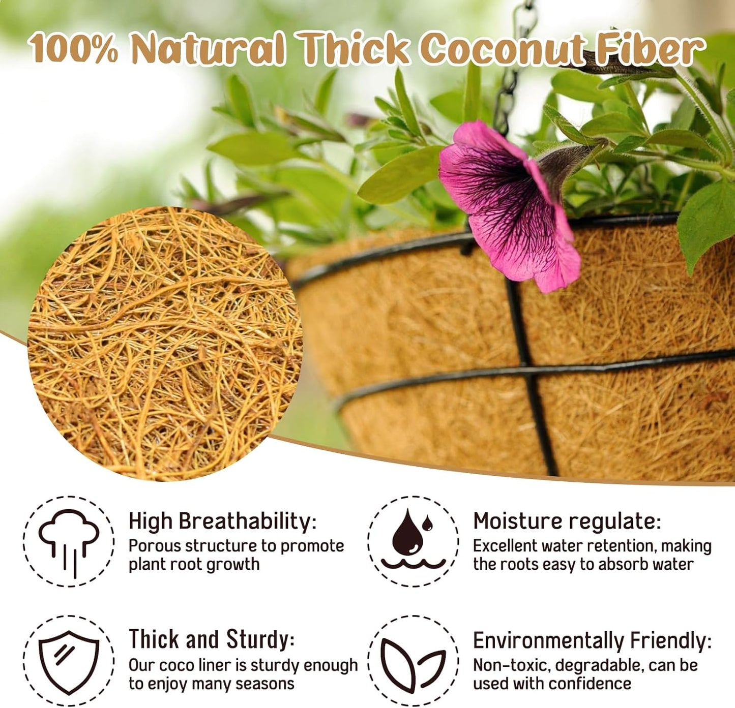 Legigo 3 Pack 18 Inch Hanging Basket Coco Liners Replacement, 100% Natural Round Coconut Coco Fiber Planter Basket Liners for Hanging Basket Flowers/Vegetables