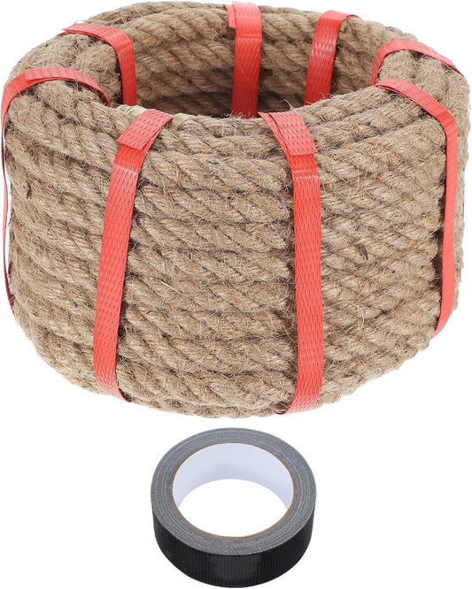 MECCANIXITY Jute Rope 0.6 Inch x 44ft, Thick Twine Rope Ropes Braided Jute Twine Natural Brown Burlap Cord String Heavy Twisted with Tape for Decorative Crafts Railing Swing Tug of War