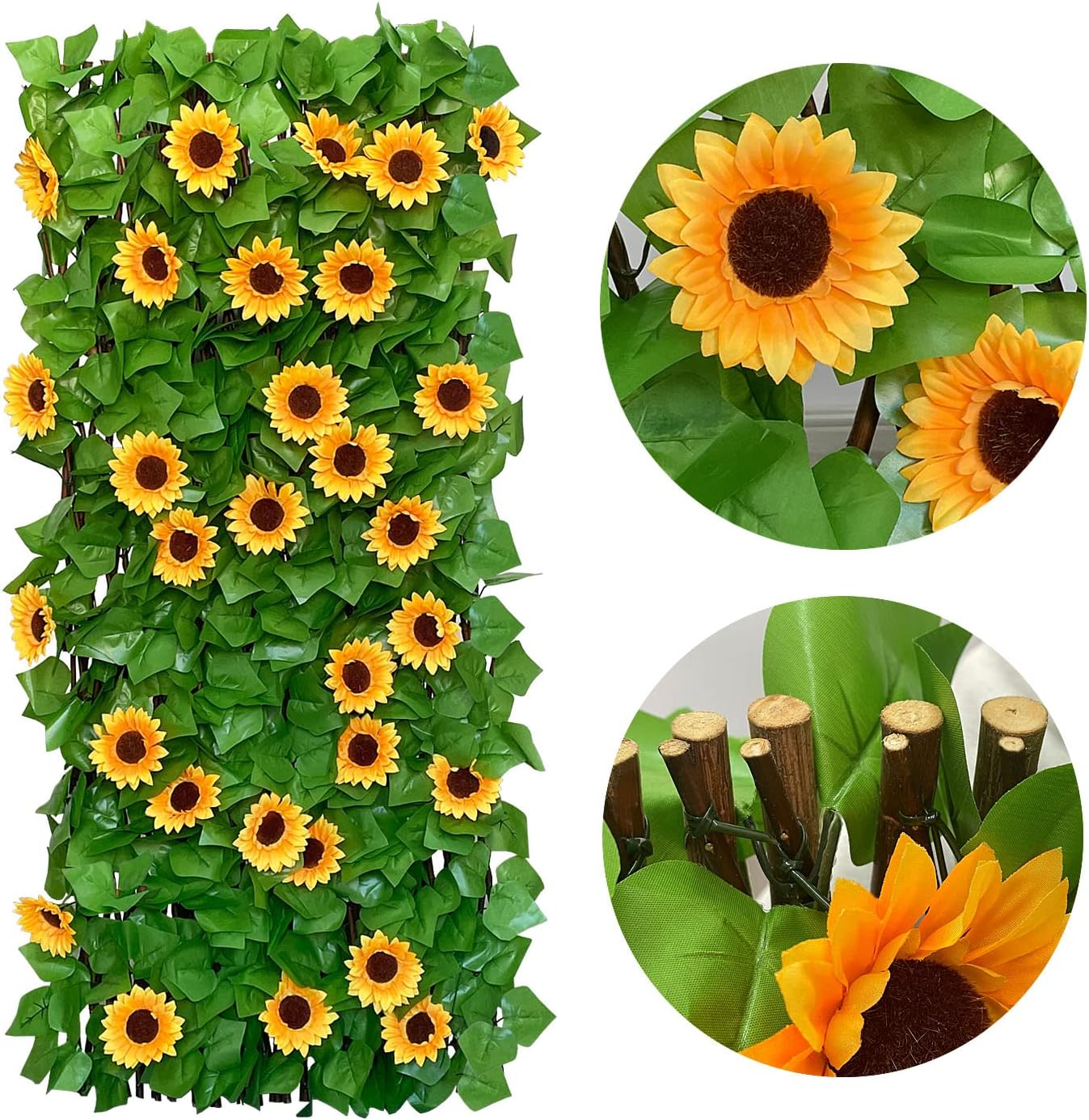 Expandable Fence Privacy Screen for Balcony Patio Outdoor,Decorative Faux Ivy Fencing Panel,Artificial Hedges (Single Sided Leaves) (4, Sunflowers)
