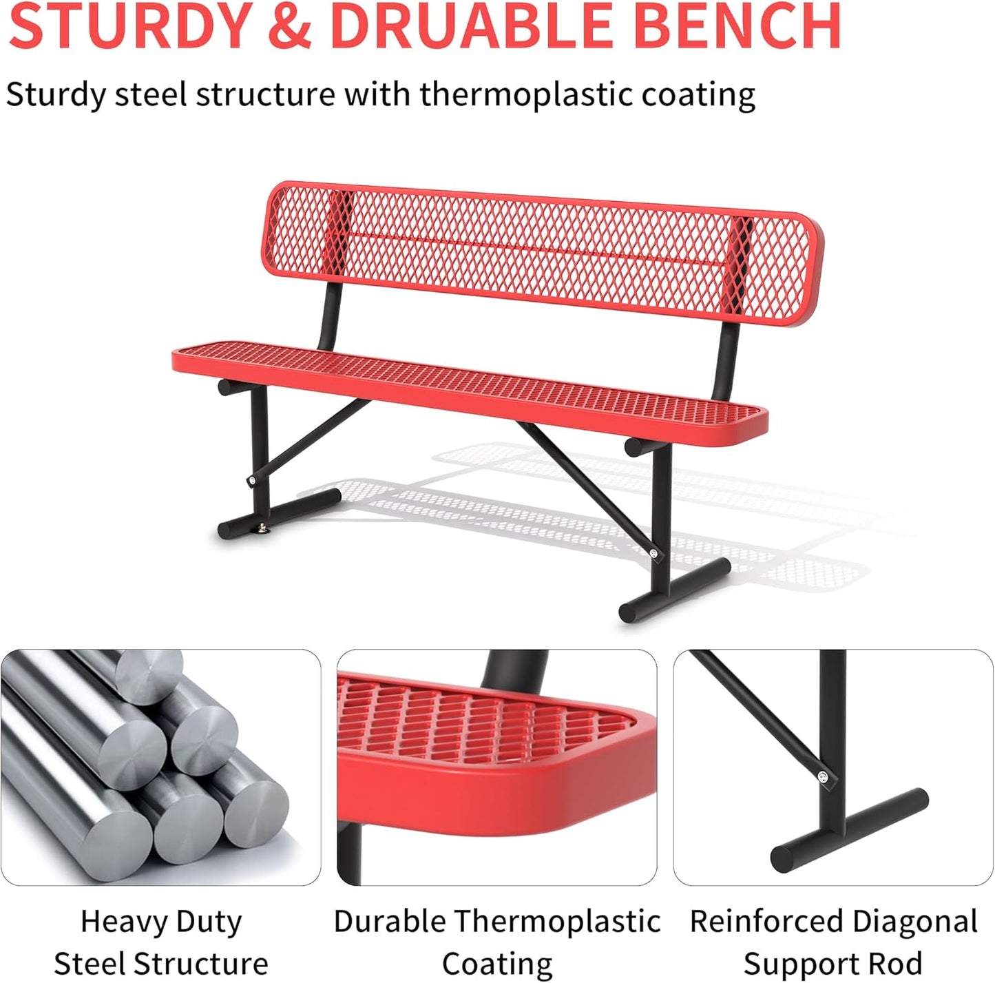 4/6/8 Feet Park Bench for Outside Heavy Duty Metal, Garden Benches Outdoor Bench with Backrest & Portable Frame, for Shopping Malls Stores Parks Patios Decks, Red