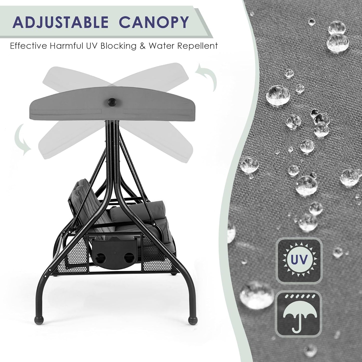 HOMREST 3 Seat Outdoor Porch Swing with 1.5" Deep Cup Holder, Adjustable Canopy,Patio Swing Bed with Stand, Patio Glider Swing with Thicken Cushions, Pillow（Grey）