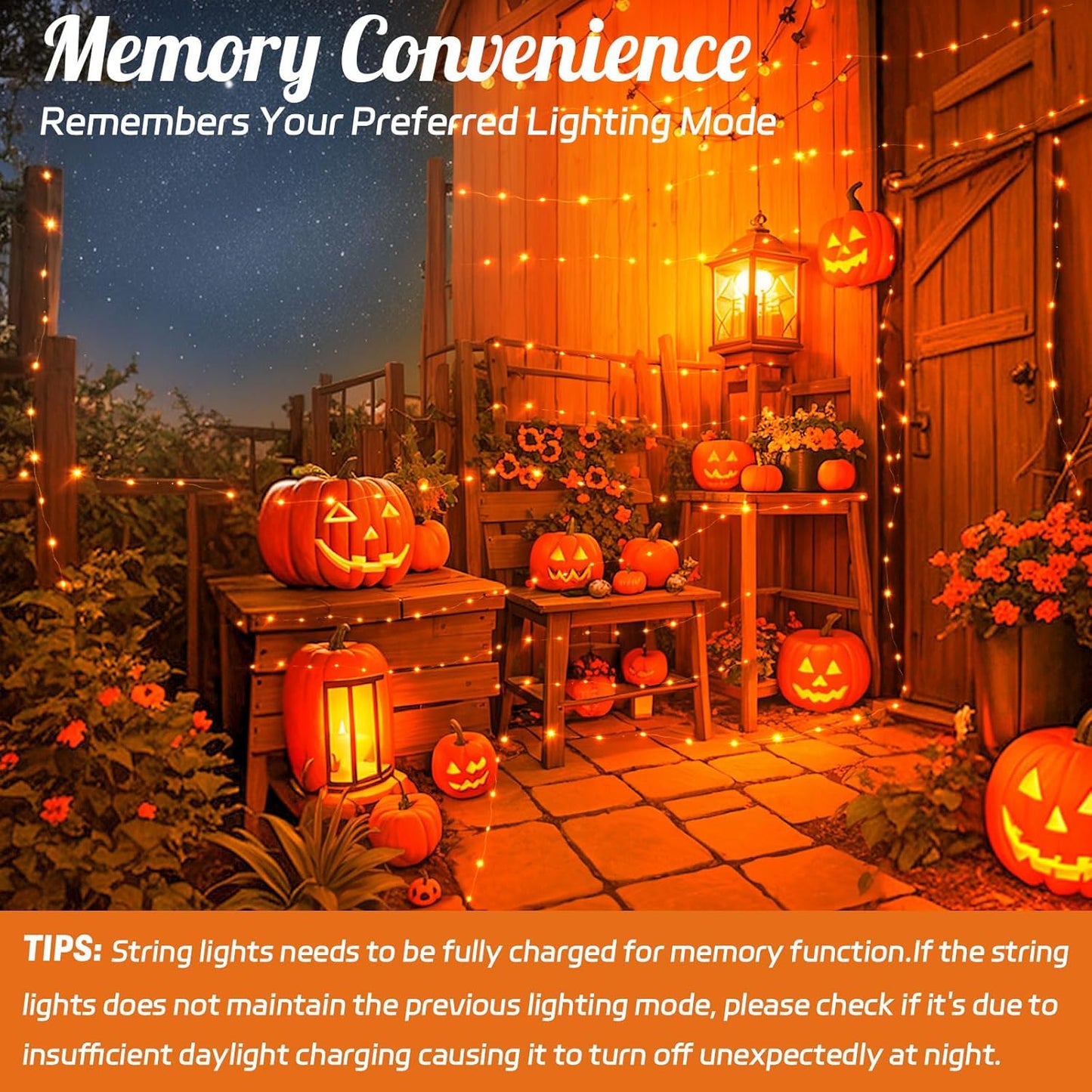 Halloween String Lights Outdoor Waterproof, Orange Solar Fairy Lights 16.4ft 50LED 8 Modes Orange Fall Outdoor Lights for Fall Decor Outside Pathway Patio Party Backyard Decorations