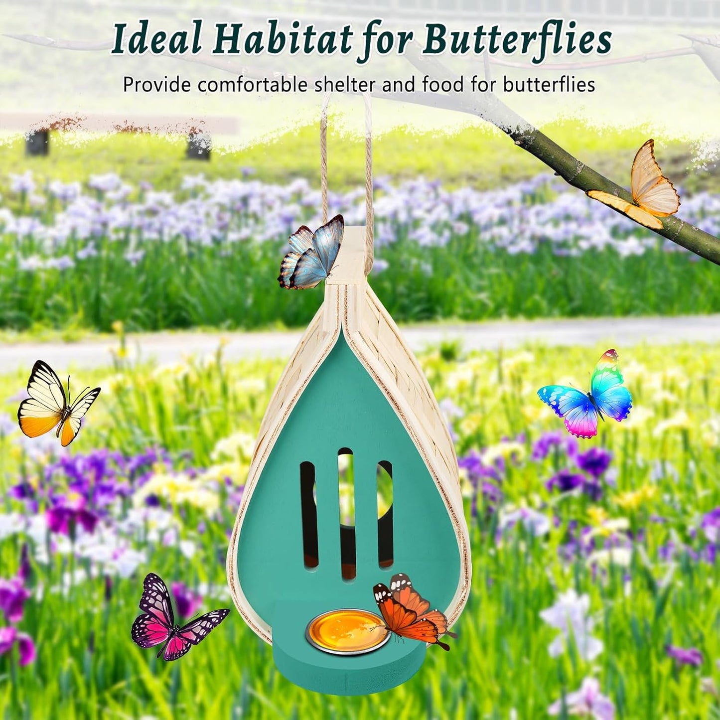 2 Pcs Butterfly House and Feeder, Wooden Hanging Butterfly House for Garden, Natural Butterfly Habitat with Butterfly Puddler for Bugs, Butterflies, Moths, Lacewings
