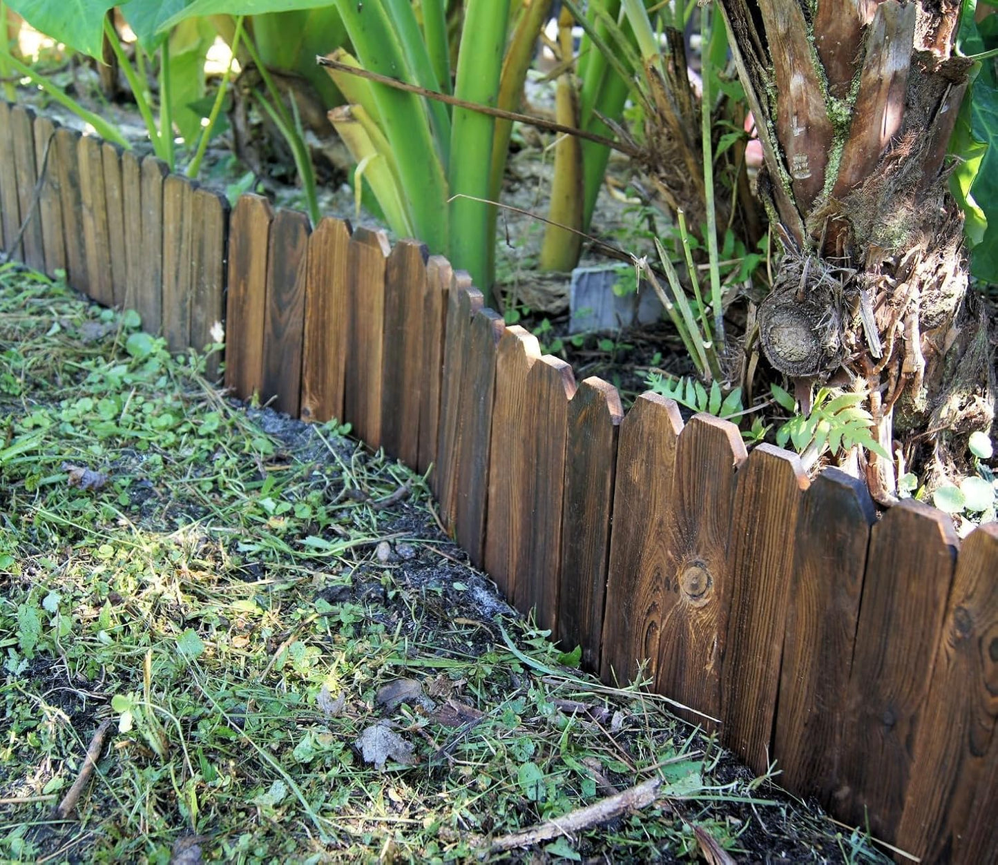 Wood Fence Border for Garden Beds – 9.8" H x 47" L Wooden Landscape Edging Panels, Rustic Decorative Outdoor Divider for Lawn, Path, and Yard Design (3-Pack, Covers 11.75 Ft)