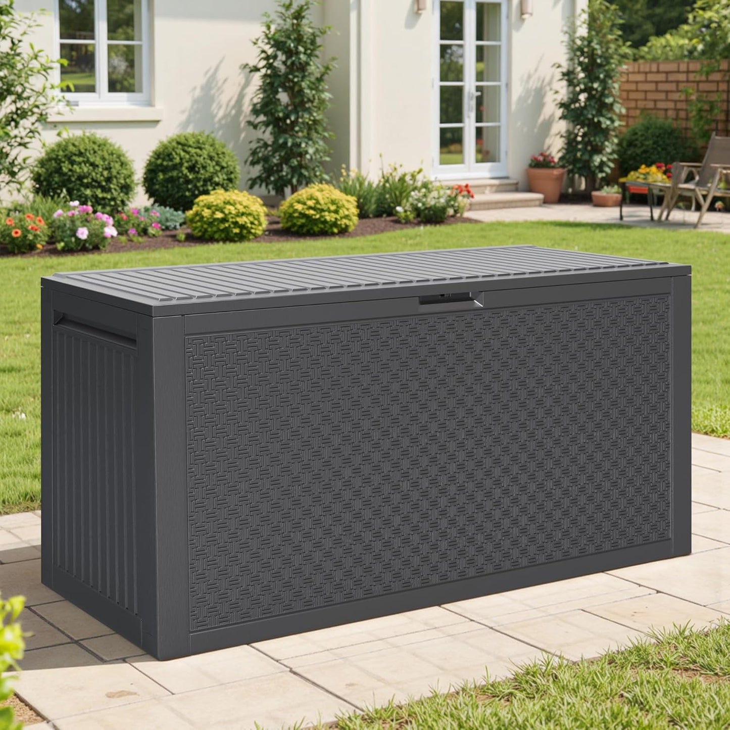 90 Gallon Outdoor Deck Box, Waterproof Outdoor Deck Box, Durable Resin Bin for Patio Cushions, Garden Tools and Pool Accessories, Lockable with UV Protection, Dark Gray, Patio Furniture (90 Gal Gray)