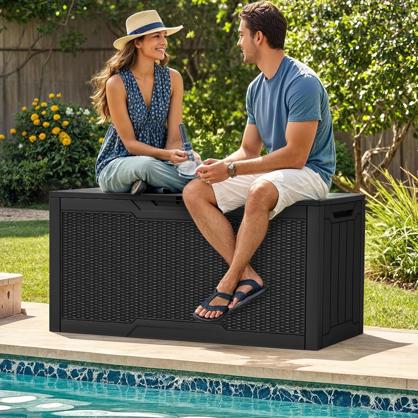 YITAHOME 80 Gallon Outdoor Storage Box, Large Water Resistant Resin Deck Box, Indoor Outdoor Lockable Rattan Storage Container for Patio, Garden, Cushions, Tools, Equipment (Black)