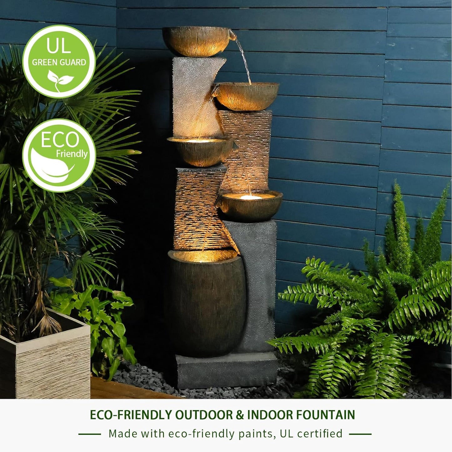 51.4" H Outdoor Garden Water Fountain for Garden, Patio, Backyard, Deck, Porch and Home Art Decor, 5 Tiers Modern Cascading Large Outdoor Fountain with Lights