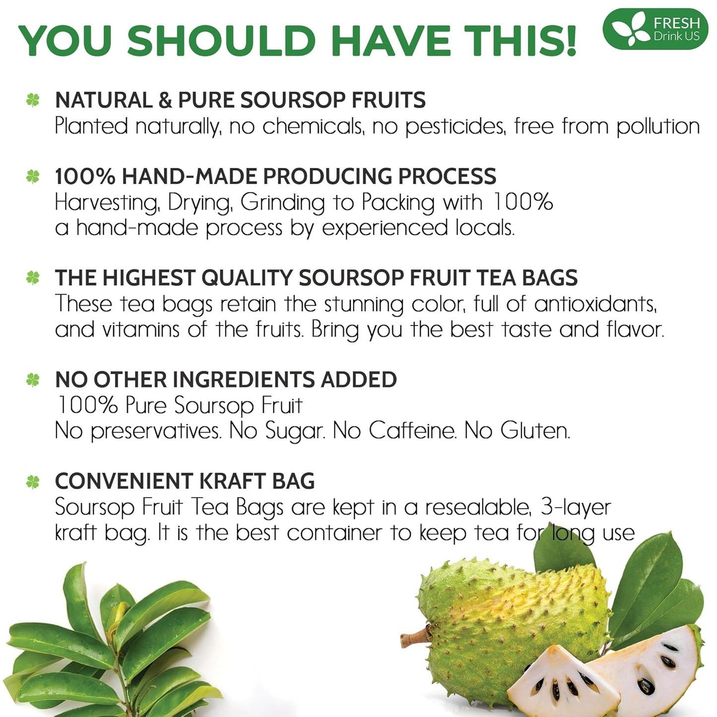 FreshDrinkUS, 40 Premium Soursop Graviola Fruit Tea Bags, 100% Natural and Pure from Soursop Fruits, Made With Natural Materials-Corn Fiber Tea Bag, Sugar/Caffeine/Gluten Free, Hoja Guanabana Tea