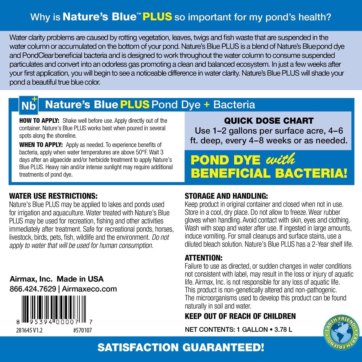 Airmax Pond Dye Plus, Nature's Blue Colorant & Natural Beneficial Bacteria, Large Pond & Lake Water Clarifier & Color Treatment, Shade Plants & Algae from Sunlight, Fish & Livestock Safe, 4 Gallons