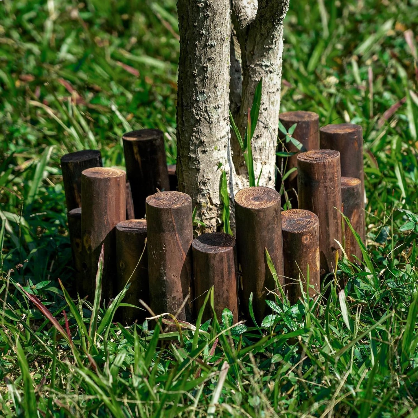 Wood Garden Edging, Natural Wooden Solid Log Fence Border Decorative for Flower Bed Barriers and Landscape Fencing, 11.8 in H x 3.0 ft L, 1.9 in Diameter (4PACK)