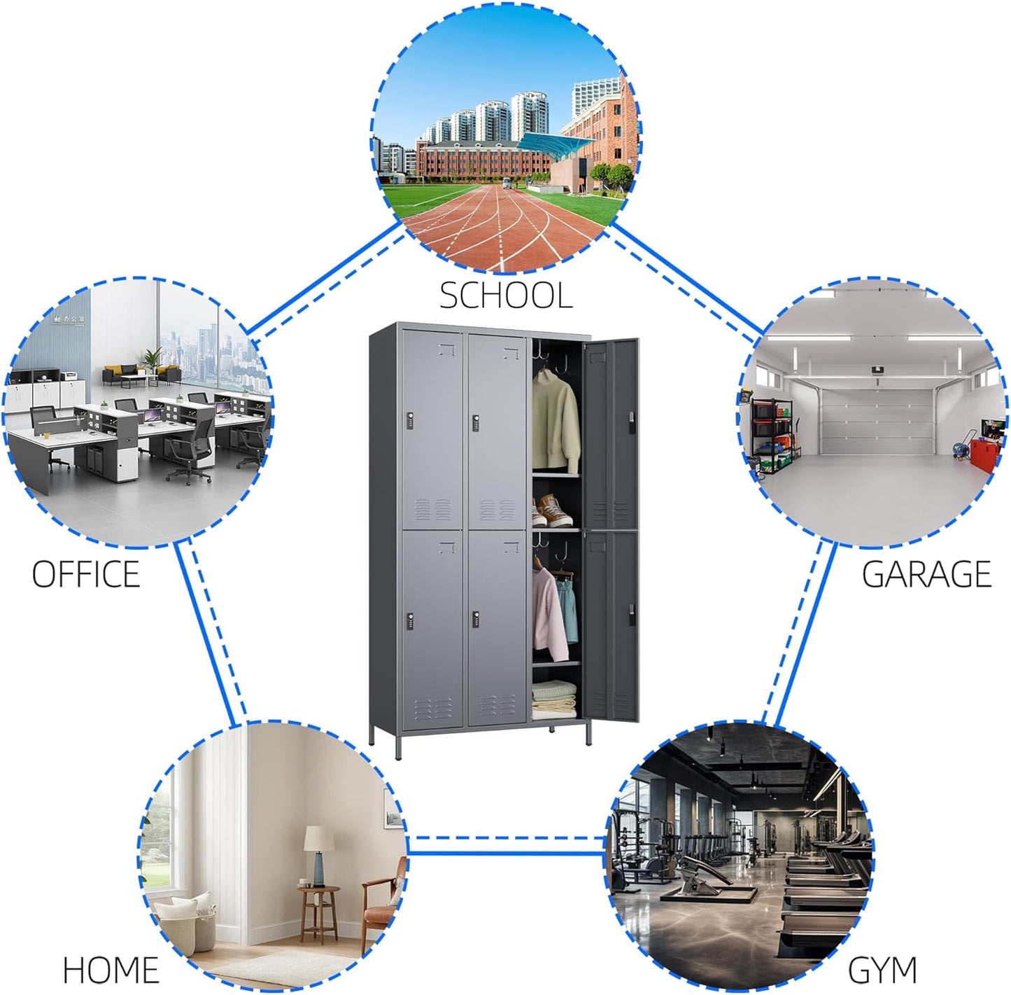 Metal Locker for Employees with Combination Locks,Metal Lockers with Business Card Holder and 18 Hooks for School Garage Office Gym Home,Assembly Required,Dark Grey