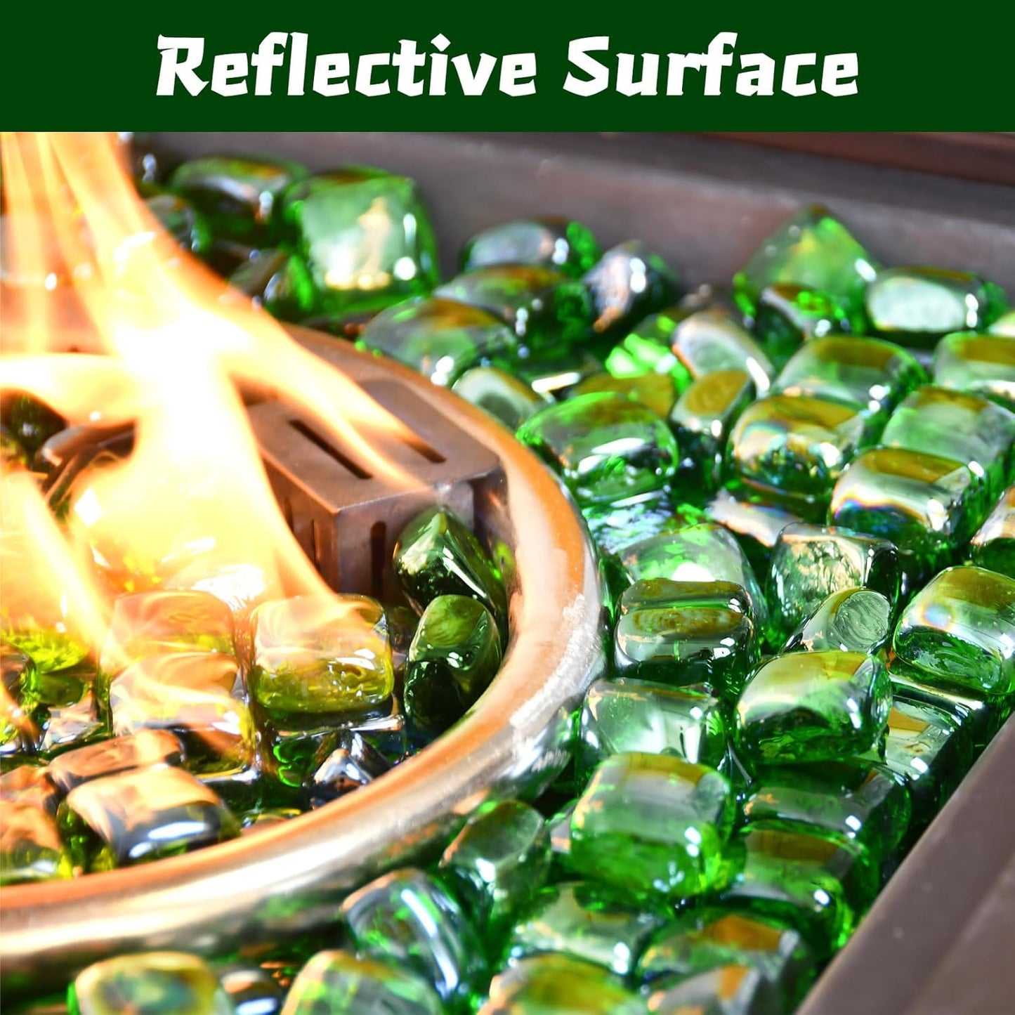 Fire Pit Glass Rocks Square, Fire Glass Cubes, Tempered Firepit Stones for Fireplace, Firepit Table Indoor or Outdoor, Replacing Traditional Burning Wood 10 pounds, Green Reflective
