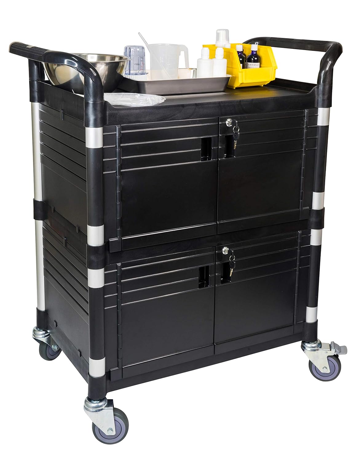 JaboEquip Double Lockable Door Medical Cart [ JaboEquip ] Cabinet Utility Cart with 2 Lockable Doors for Hospitality School Lab cart Service Cart, L34.43xD19.69 inch JABO cart, Black