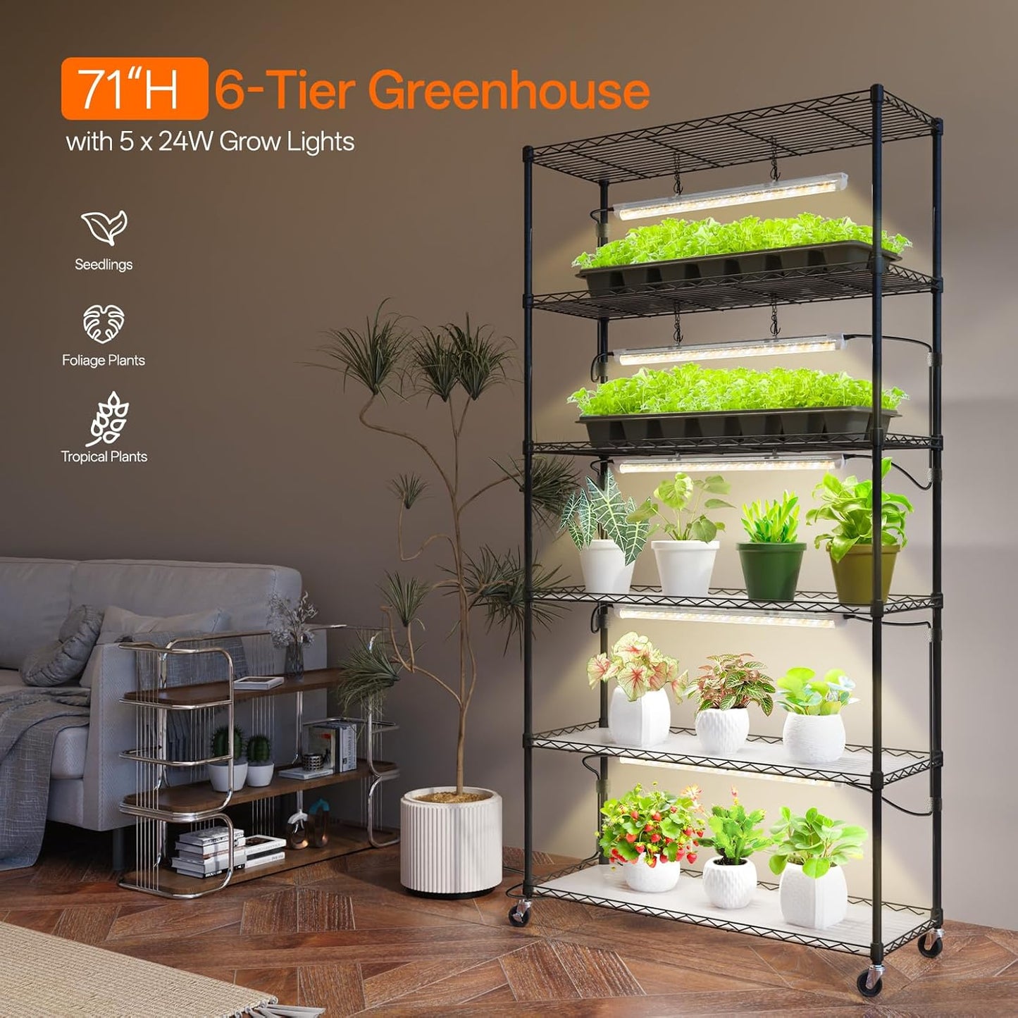 Plant Shelf with Grow Light, Metal Plant Stand with Adjustable Rack and Wheels, 5 Pack T8 Full Spectrum Grow Light Strip for Indoor Plants, Seed Starting, Seed Tray, 35.4"x13.8"x71"
