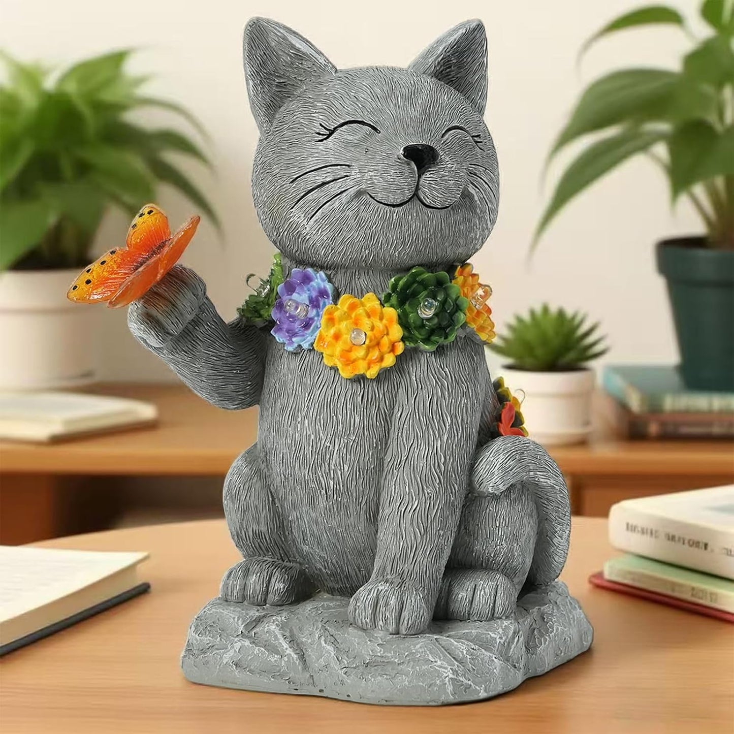 Outdoor Solar Cat Garden Statue - with LED Flower and Butterfly Statue Light, Suitable for Lawn Decor, Porch, Yard Decorations Outdoor, Birthday Gift for Women