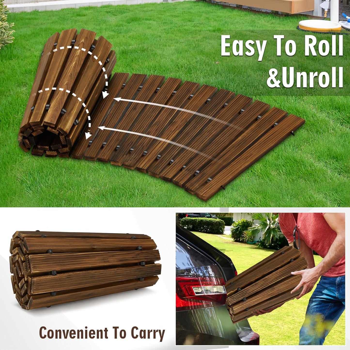 6FT Wooden Garden Pathway,Outdoor Roll Out Decorative Curved Walkway,Weather-Resistant Patio Path,Non-Slip Pavers Boardwalk for Garden, Backyard, Beach, Wedding Party Pathways