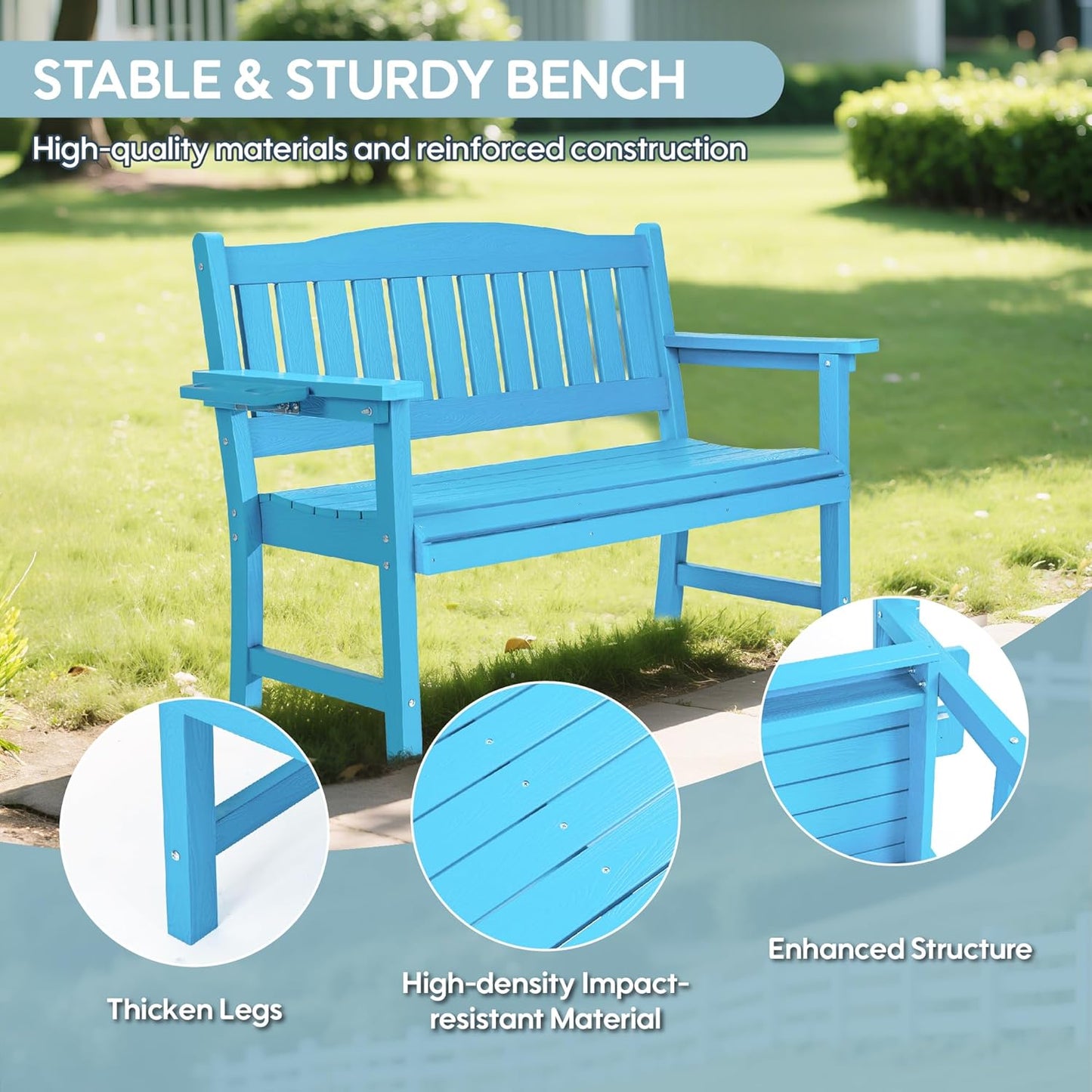 2-Person HIPS Outdoor Bench, Weatherproof Garden Bench with 800 lbs Weight Capacity, Artificial Wood Grains, Never Rot or Fade, Patio Benches for Garden, Porch, Balcony, Backyard,Park, Blue