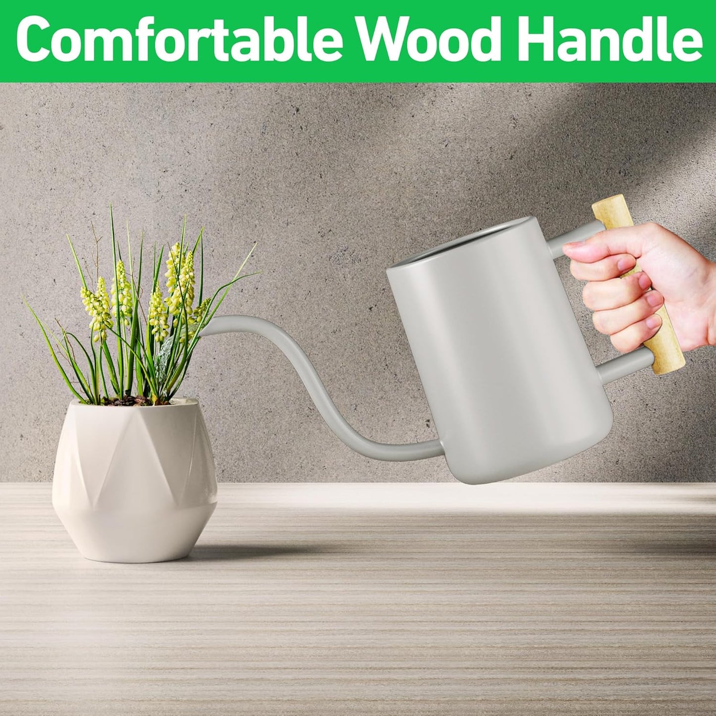 35 oz Metal Small Indoor Watering Can with Long Spout & Real Wood Handle for House Plants, Succulents, Cacti & Seedlings - Gray Long Spout Watering Can Indoor Plants - Stylish, Gentle Flow, No Spills