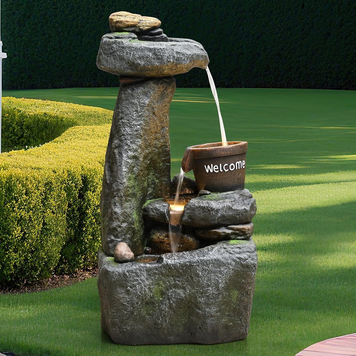 33" Outdoor Garden Water Fountain with Lights 4 Tiers Cascading Large Waterfall Floor Standing Fountain for Patio, Backyard, Deck, Porch and Home Art Decor