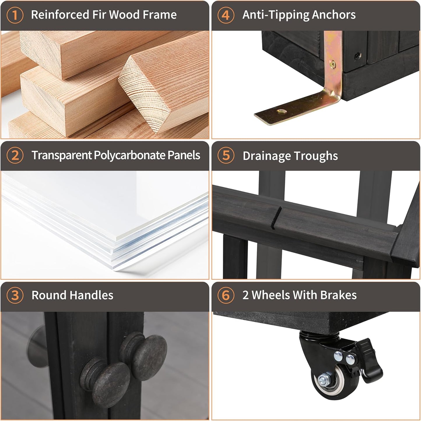 Portable Cold Frame Greenhouse with Wheels , Wooden Mini Greenhouse Cabinet for Gardens & Balconies , Openable Roof Design & Built-in Storage Box ,Easy-to-Move & Durable (Black)