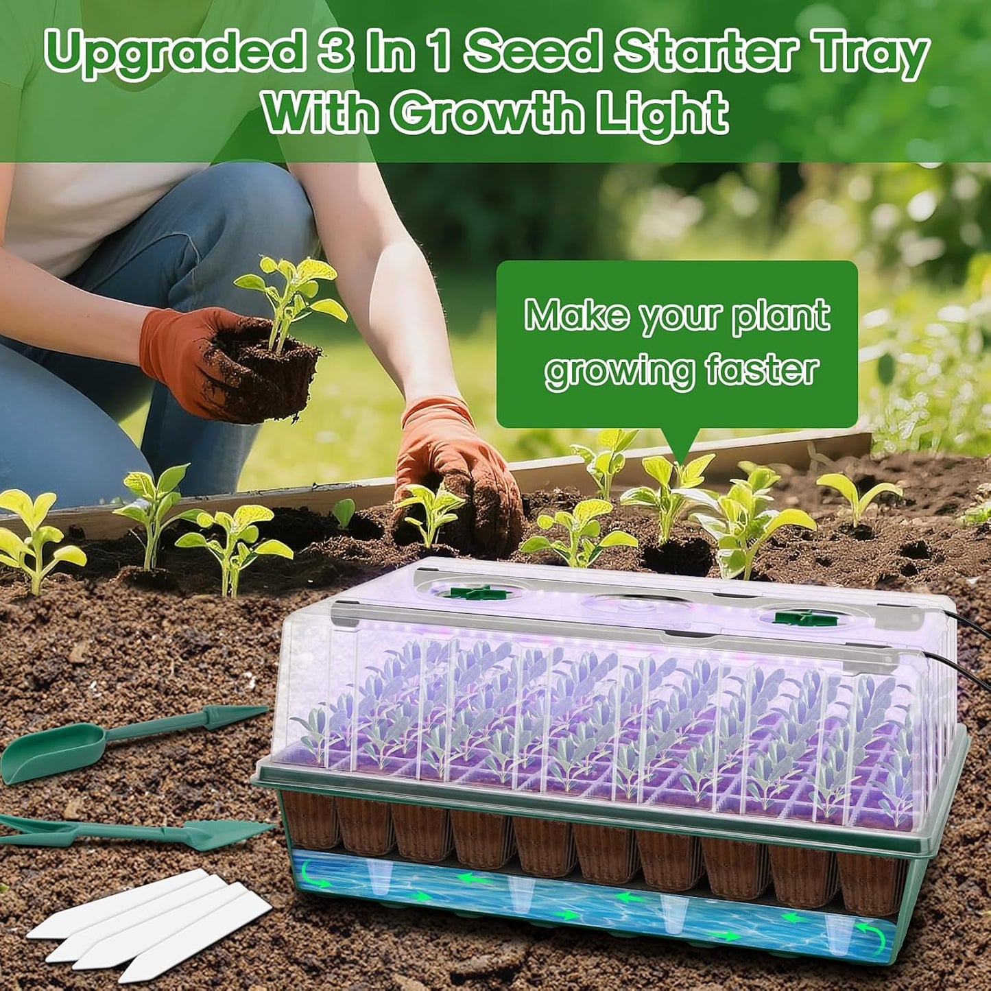 BlumWay Self-Watering Seed Starter Tray Kit with Grow Light and Humidity Dome, 3 Color Growing Light,120-Cell Plant Seedling Tray,Reusable Germination Trays,Adjustable/Timed Light Plant Starter Set