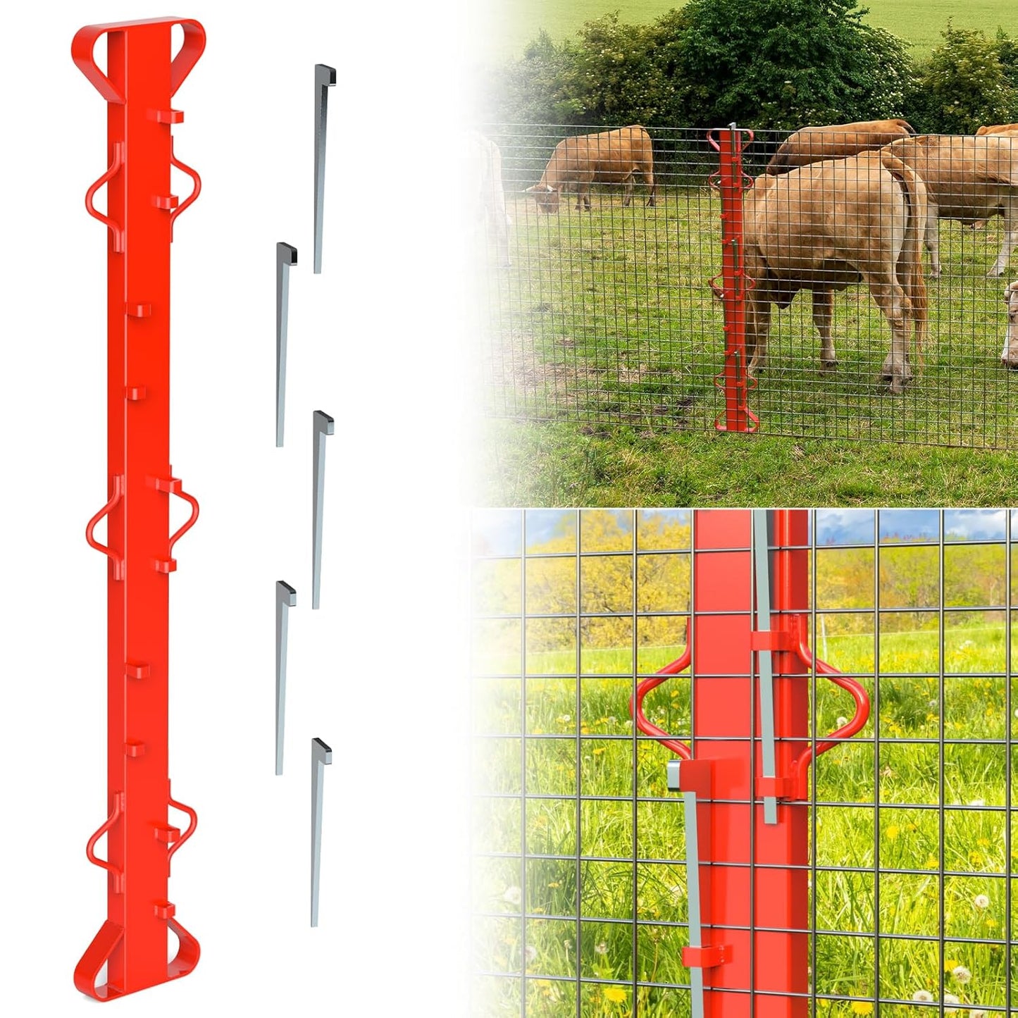 4ft Woven Wire Fence Stretcher Bar with 5 Wedges Heavy Duty Wire Stretcher Fence Tool for Farms, Ranches, Garden Barriers, Yard (Red)