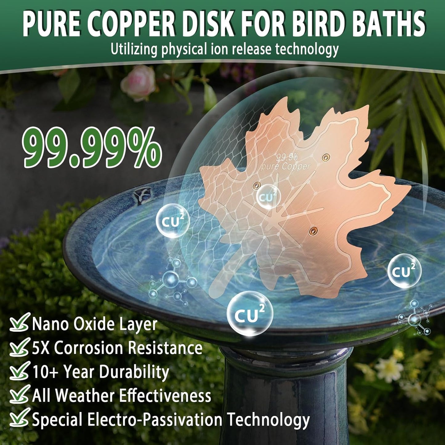 99.99% Pure Copper Bird Bath Disk, 0.6mm Maple Leaf Bird Bath Purification Disk with Triple-Point Support for Physical Safe Clean Water All-Season, Universal Fit for Outdoor Birdbaths, Bowl