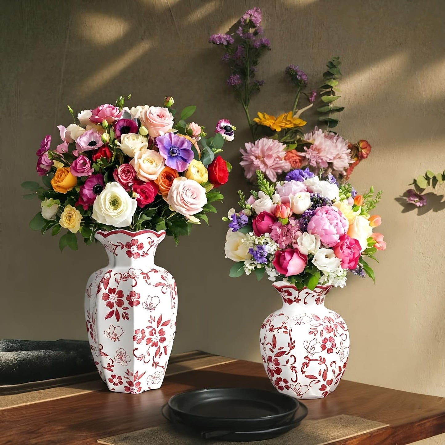 Chinoiserie Vase,Red and White Vase,Vintage Ceramic Vases,Flower Vase for Centerpiece,Chinese Cute Vases for Living Room, Office,Home Decor (Red White, Small)