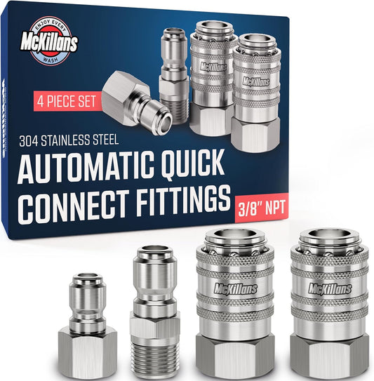 McKillans® 3/8" NPT Automatic Pressure Washer Quick Connect Kit of 4 - Stainless Steel - 3/8" Pressure Washer Quick Connect Fittings - Power Washer NPT 3/8" - PUSH-TO-CONNECT - Upgraded Viton O-Rings