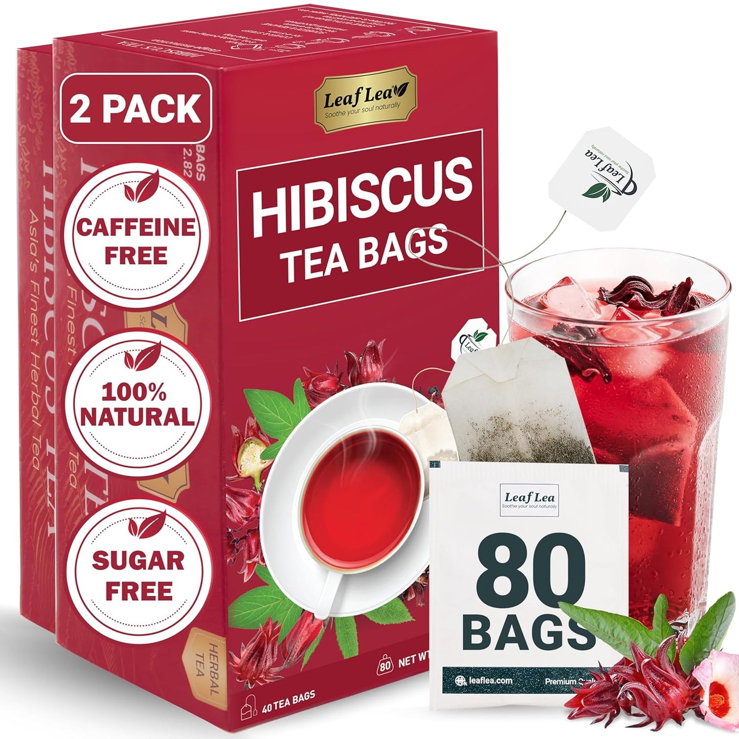 LeafLea 80 Hibiscus Tea Bags, 100% Natural Hibiscus Flowers, Caffeine-Free Herbal Tea, Red Hibiscus Flower Tea Bags, Te de Hibisco Natural, Sugar-Free, Non-GMO, Gluten-Free, Vegan (Pack of 2)