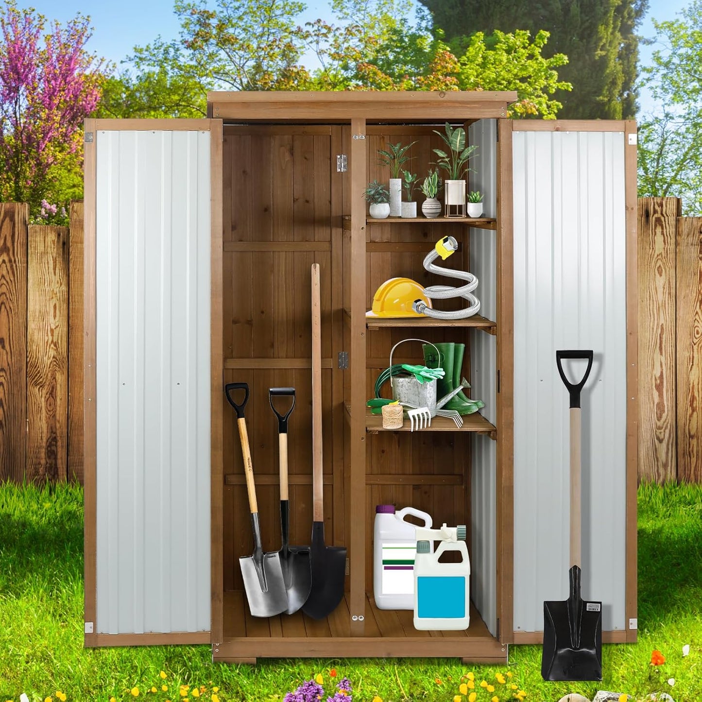 Outdoor Storage Cabinet, Wood & Metal Tall Tool Shed with Weather-Resistant Roof, Double Lockable Doors, 3 Removable Shelves & Adjustable Feet, for Patio, Garden, Backyard, 32" x 15.5" x 66"