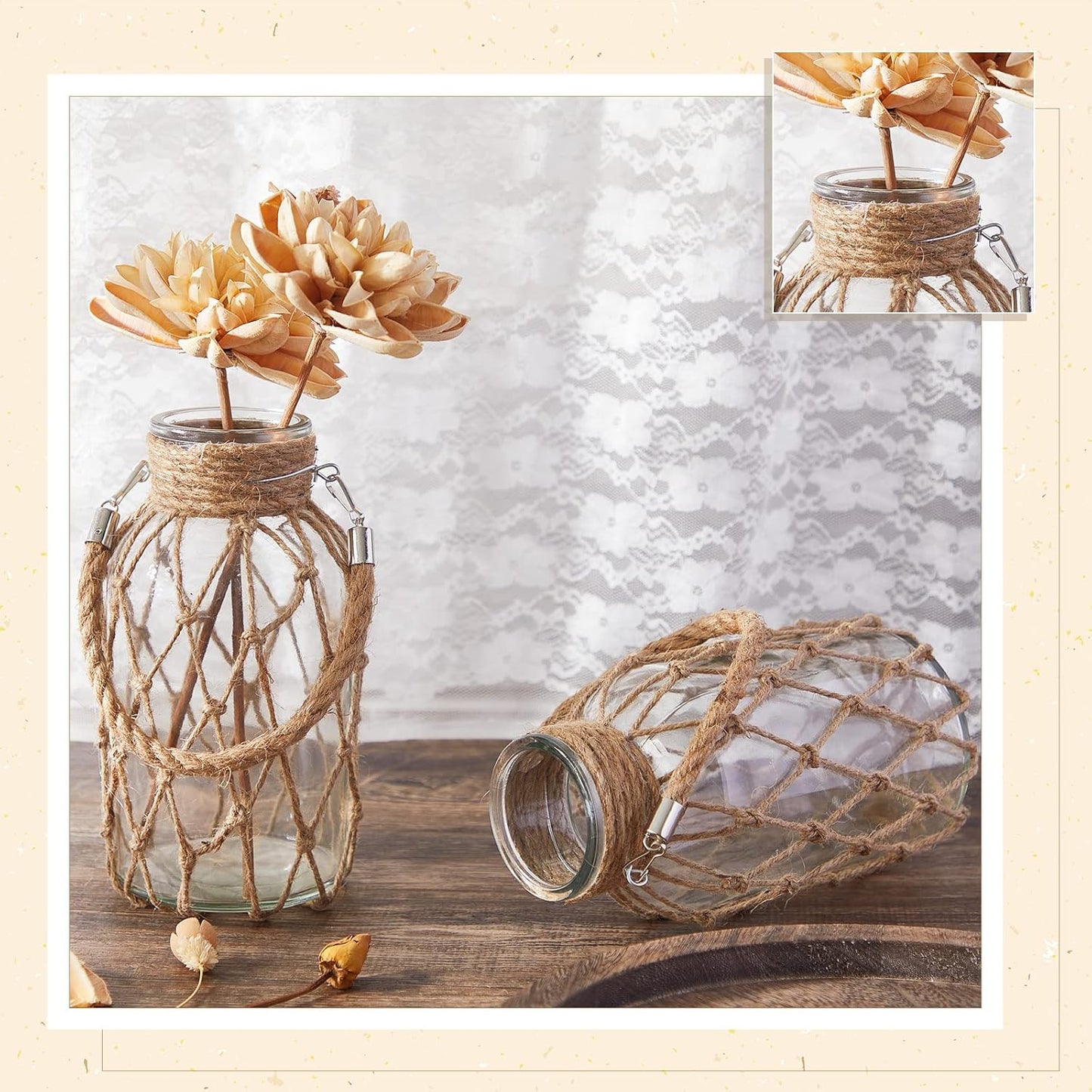 Set of 4 Rope Net Dry Flower Glass Vase 7.9 x 4 Inches Wicker Farmhouse Vase Coastal Decor for Wedding Tables Home Rustic Hanging Mason Jar Rope Wrapping Decorative Bottles Nautical Decor