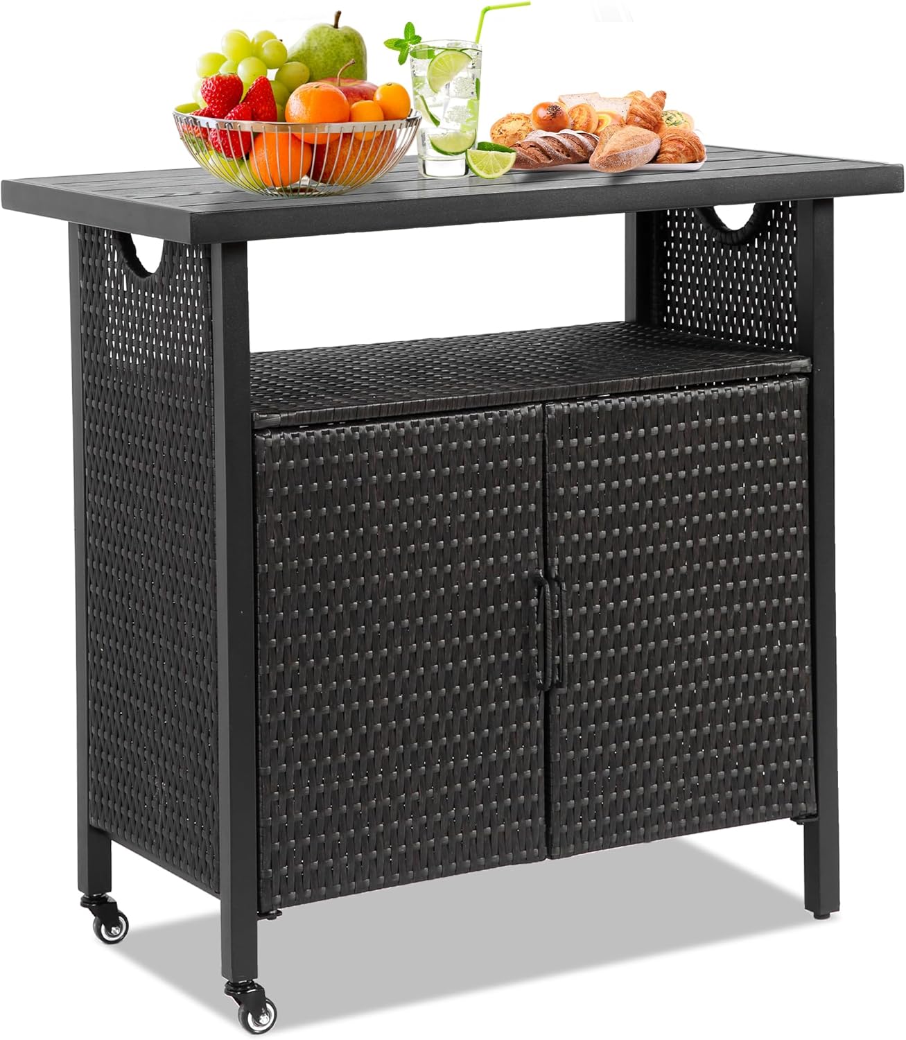 HOMEFUN Outdoor Bar Table Featuring Storage Cabinet: Wheeled Patio Serving Carts, Wicker Grill Cart Prep Station & Rolling Kitchen Island for Patio, Backyard and Outside Use, in Black
