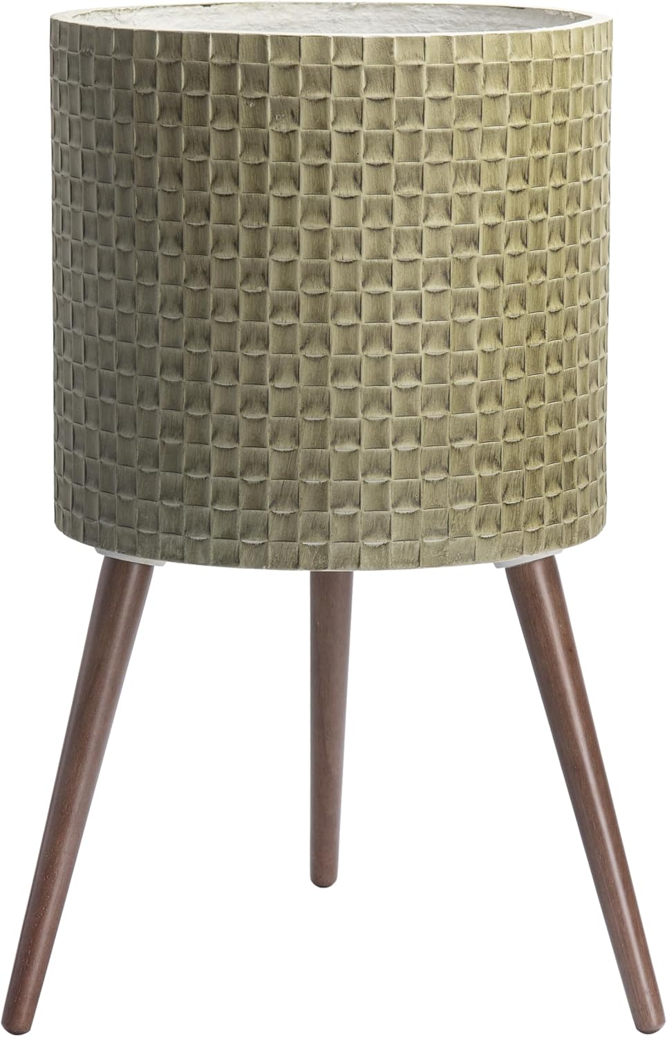 D'vine Dev 16 Inch Modern Geometric Tile Patterned Sleek Planter Pot with Stand, Indoor Outdoor Decorative Plant Holder, Distressed Olive, 88-Z-E-4