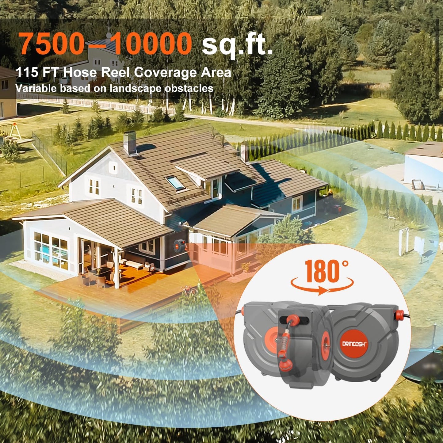 Upgraded Retractable Garden Hose 5/8 in x 115 ft Heavy Duty Wall-Mounted Hose Reel 180°Swivel Automatic Slow Return Any Length Lock 9 Pattern Nozzle UV Resistant (Black)