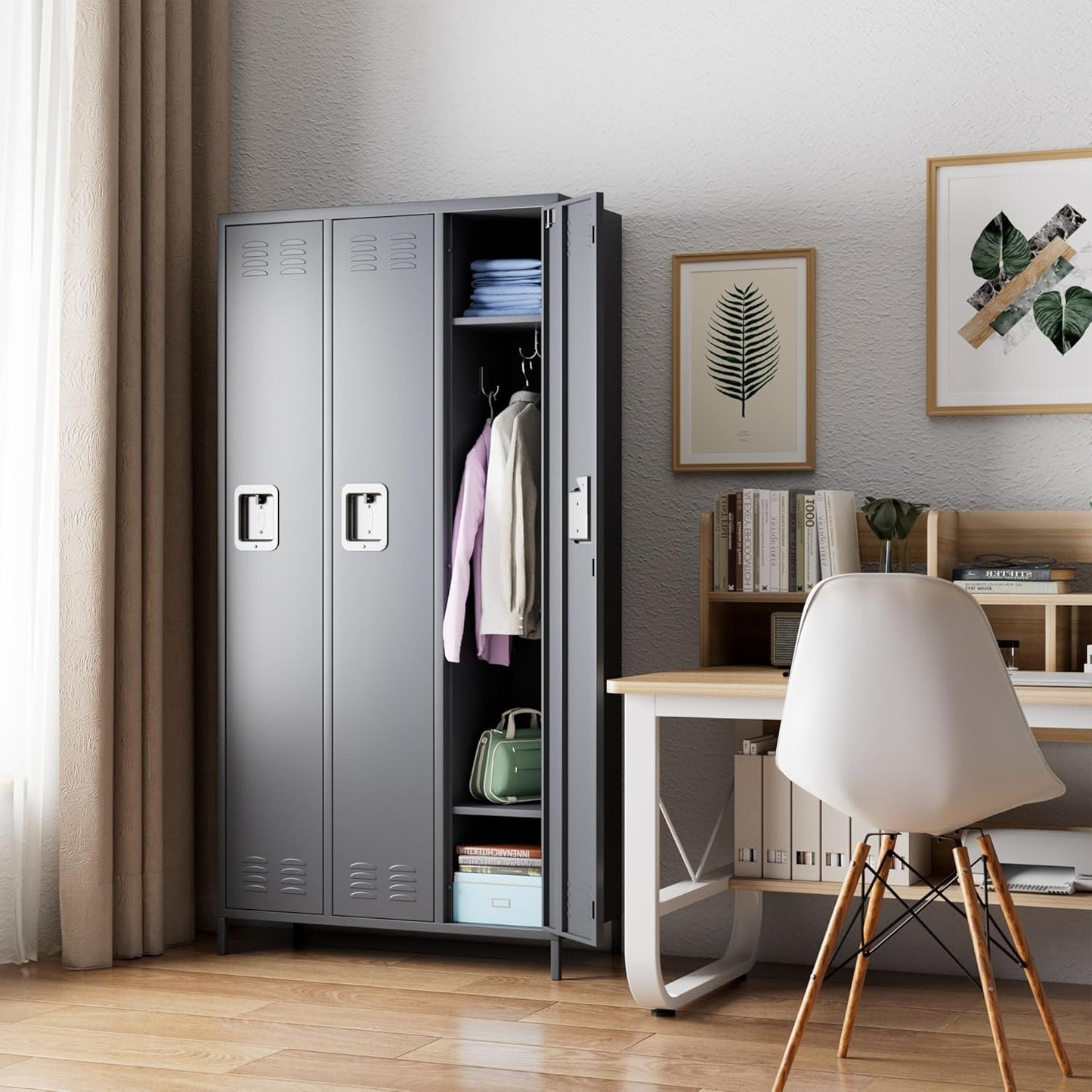 Metal Employee Lockers with 3 Doors,Metal Locker with 9 Hooks for Office Gym Garage Home,Assembly Required,Dark Grey