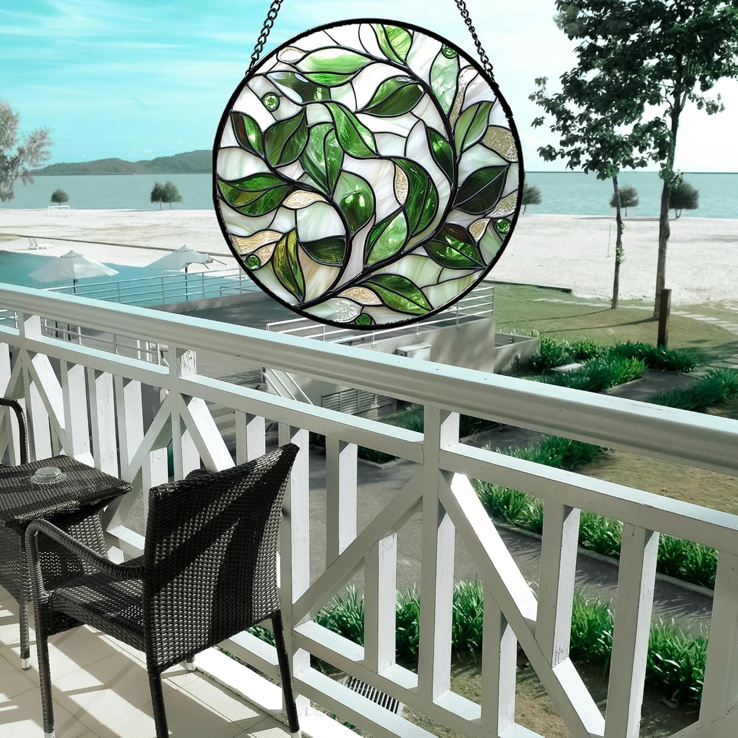 Stained Glass Window Hanging - White Green Leaves Suncatcher for Doors Window Home Plant Sun Catchers Decor Christmas Mother's Day Birthday Gifts for Teacher Women Men Mom Nana 11.8 in